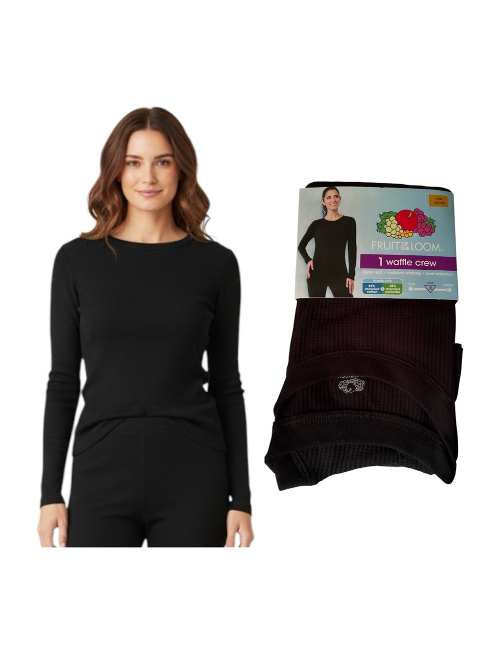 Fruit of the Loom Women's Black Waffle Thermal Crew Long Sleeve Tee